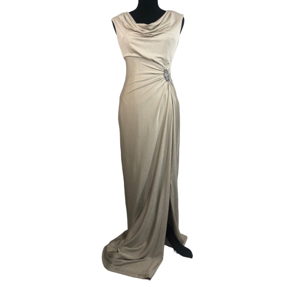 Elegant Shimmery Champagne Evening Gown with Draped Side Detail